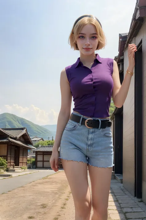 1 woman, adult woman, woman in her 30s, tarankaaa, NOT DASHA TARAN, full body standing, perfect body, best quality, 32k, photograph, full body (head to toe), tone mapping, ((houjou satoko,short hair,black hairband,blonde hair,violet eyes,hair between eyes,...