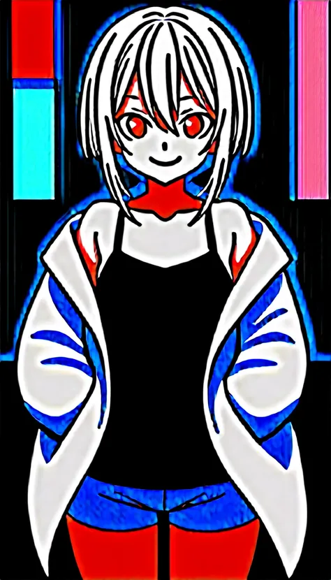 1girl, 15 years old, slim, small breasts, white hair, hairs between eyes, shoulder length hair, pale skin, bright red eye, white duffle coat and long-sleeve black sweater, open jacket, jeans, gold pocket watches hanging from the neck, BREAK kawaii, smile, ...