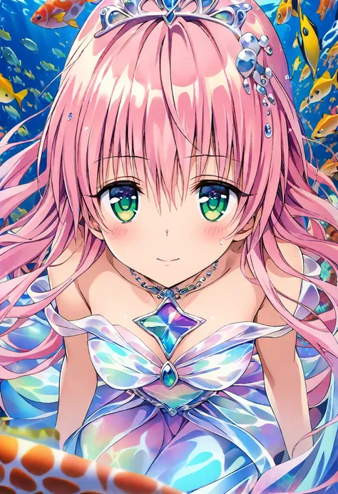 A girl named Lara Satalin Deviluke with long pink hair and green eyes, wearing a hair ornament with iridescent colors. She is an underwater princess with a flowing dress made of seaweed and coral, surrounded by colorful fish and shimmering water. The image...