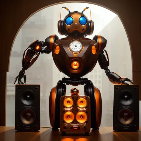 (masterpiece, best quality:1.2), A cicada-shaped robot with a large speaker on its head、Mechanical insects、Cicada、Steampunk city、evening、evening、Orange rays、