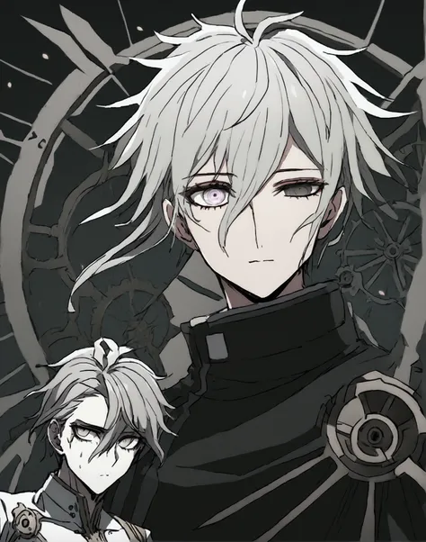 anime male, black blank gearwork godlike eye iris, black grey hair, black clothing, careless cold-hearted expression, tired eyes...