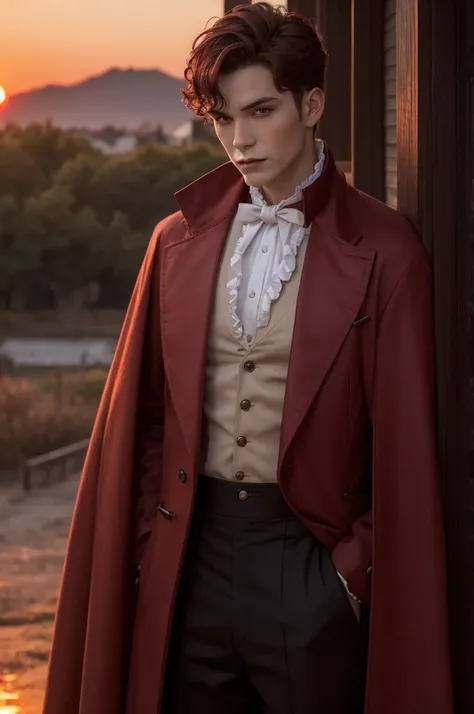 Vampire man, short red almost brown hair, slightly curly. Wearing period clothing while looking at the sunrise.