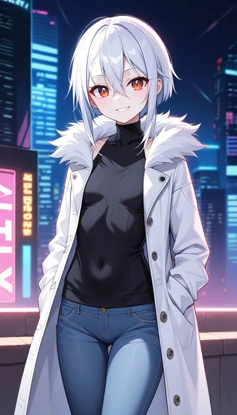 1girl, 15 years old, slim, small breasts, white hair, hairs between eyes, shoulder length hair, pale skin, bright red eye, white duffle coat and long-sleeve black sweater, open jacket, jeans, gold pocket watches hanging from the neck, BREAK kawaii, smile, ...