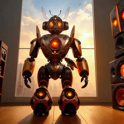 (masterpiece, best quality:1.2), A cicada-shaped robot with a large speaker on its head、Mechanical insects、Cicada、Steampunk city、evening、evening、Orange rays、