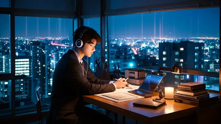 A handsome boy studying while listening to music on headphones at a desk by the window of a high-rise building with a night view. The sky is night. The moonlight in the distance. Japanese anime style