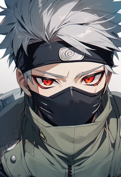 1boy, kakashi, grey hair, covered mouth, mouth mask, red eye, scar across eye, forehead protector