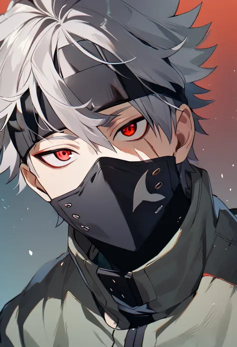 1boy, kakashi, grey hair, covered mouth, mouth mask, red eye, scar across eye, forehead protector