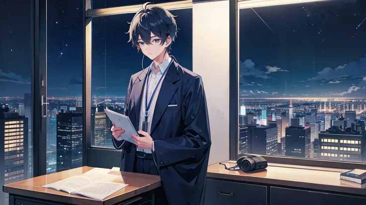 A handsome boy studying while listening to music on headphones at a desk by the window of a high-rise building with a night view. The sky is night. The moonlight in the distance. Japanese anime style