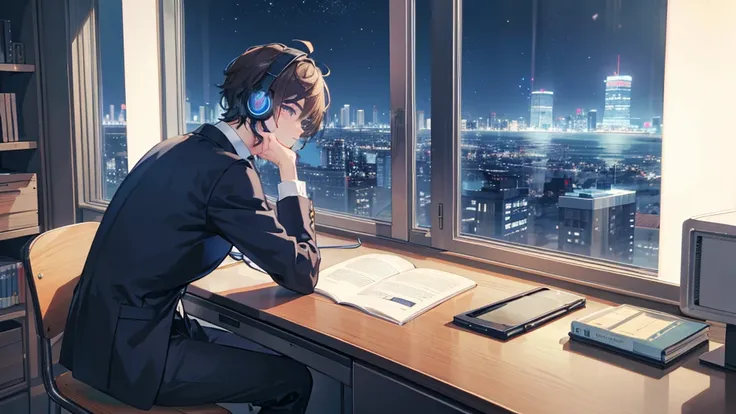 A handsome boy studying while listening to music on headphones at a desk by the window of a high-rise building with a night view. The sky is night. The moonlight in the distance. Japanese anime style