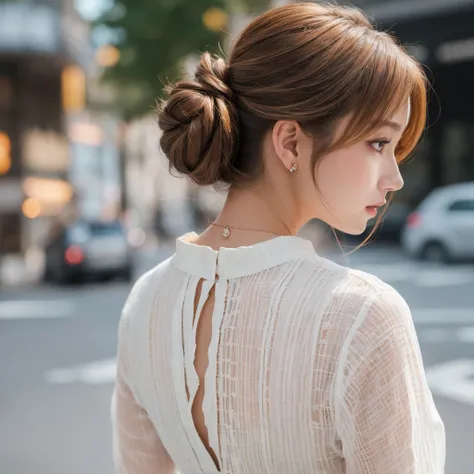 A beautiful woman standing in the street、Wearing a white blouse, light brown hair, gradient hair, half updo, bust chart, from behind, UHD, retina, masterpiece, textured skin, high details, highres, 16k