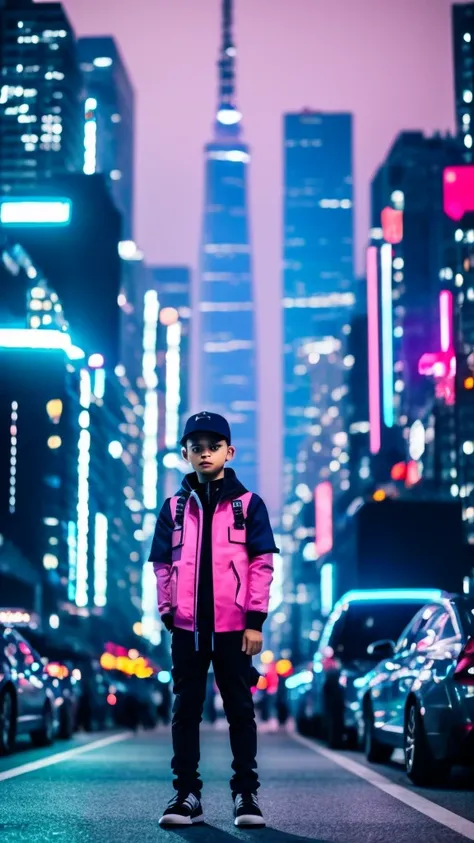 full body image, High quality, boy, Put on a cap., stand with back, The backdrop is a city of lights., Blue and pink tones, There is a lot of modernity., boyยืนมองด้วยความสิ้นหวัง, Represents the mood of a sci-fi movie., Be cool., 