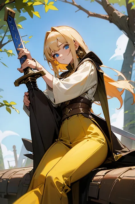 woman, in comportable warrior clotes, had blond hair, hero, with long sword, sitting in tree, blue eyes, asilver sword, bangs