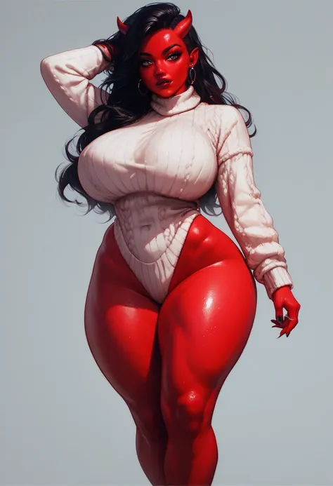 score_9, score_8_up, score_7_up demon girl, red skin, sweater, huge breasts, thick thighs, sexy, hand above head