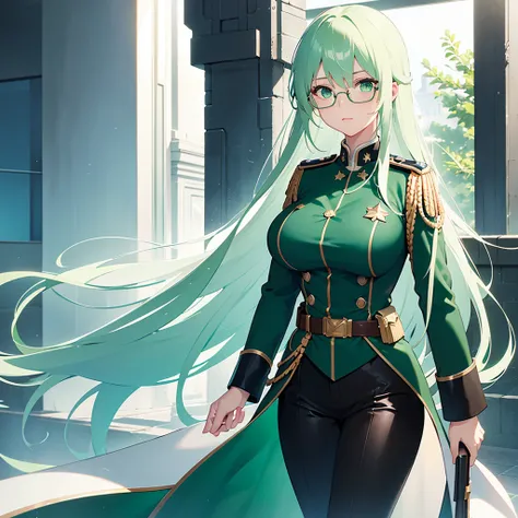 high resolution, best quality, Gradient hair, green hair, white hair, big breasts, Green eyes looked up., Frameless glasses, digital art, long hair, Solo, 1 woman, blue military uniform