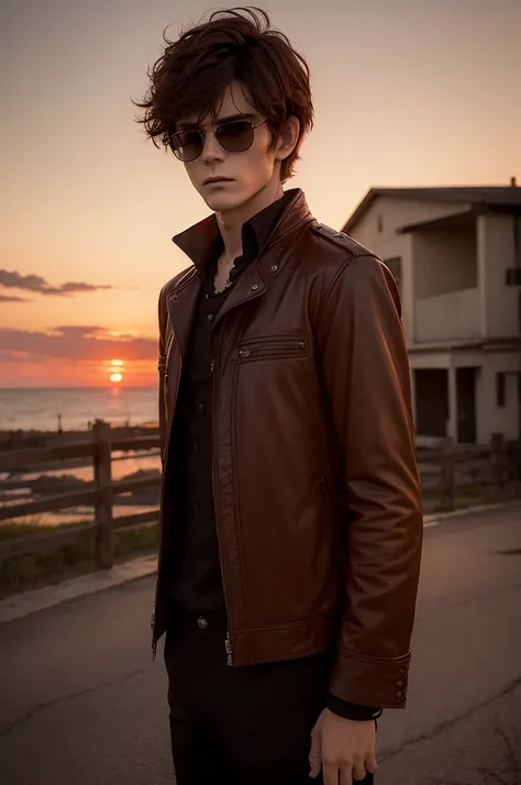 Vampire Man resembling Stuart Sutcliffe, short red, almost brown, slightly curly hair. Wearing period clothes with the sunset behind him.