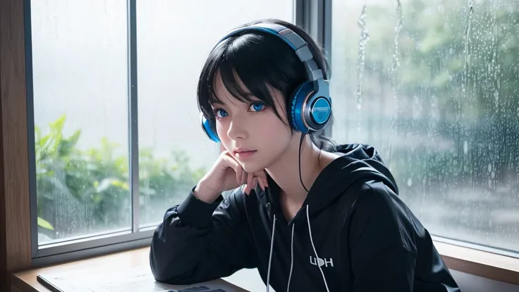 ((UHD, super detail, best quality, highres)),black hair, hair over shoulder, medium hair, blue eyes, (headphones), anime, anime style, It is raining outside the window, and I am in my room listening to music and studying.