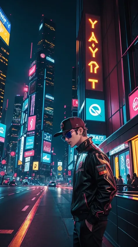 Stunning illustration of the "Attaboy" logo, featuring a boy wearing a stylish ball cap. Stylish gaming headphones with bright blue LED lights, cool shades and reflective lenses. Cityscape lit up with neon lights at dusk With a blurred background of toweri...