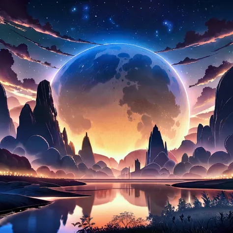 A painting with a river，There are stars and moons in the sky, Concept art inspired by Tosa Mitsuka, Pixiv competition winner, best quality, Fantasy Art, Beautiful anime scene, Golden Moon. a bright moon, Starry Sky environment under the moonlight, dream, A...