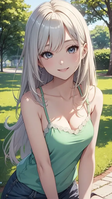 Gal、Sunny day in the park、Wearing a camisole、Her hair is blonde and silver、Face smiling happily、Around 25 years old、Anime style illustration long hair, 