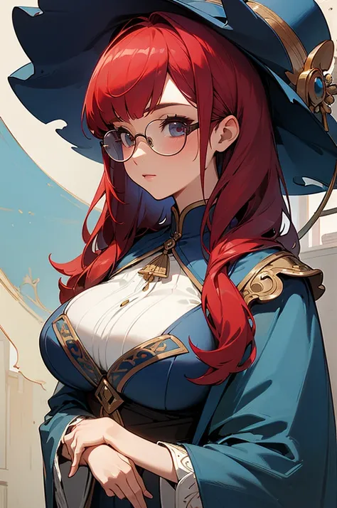 Best quality, masterpiece, big , (large breasts), detailed skin texture, detailed cloth texture, detailed face, super detail, 8k, intricate detail, 1girl, detail eyes, robe, large hat, blue chlotes, red hair, have wand, glasses, bangs,