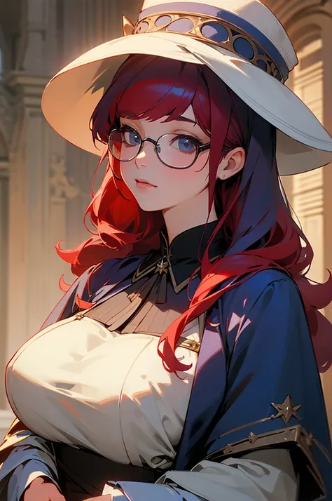 Best quality, masterpiece, big , (large breasts), detailed skin texture, detailed cloth texture, detailed face, super detail, 8k, intricate detail, 1girl, detail eyes, robe, large hat, blue chlotes, red hair, have wand, glasses, bangs,