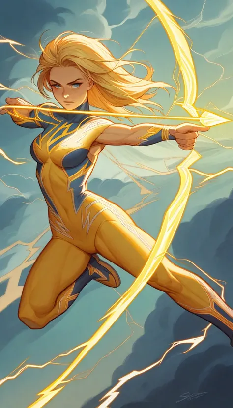 Katalina Thunderbolt, superheroine, Goddess of Thunder, mid-air pose, shooting lightning arrow, thunderbolt bow, sleek alluring form-fitting yellow costume, electrifying patterns, glowing accents, agile flexible physique, vibrant electric currents, dynamic...