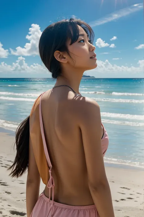 Rei looking at the sky on the beach