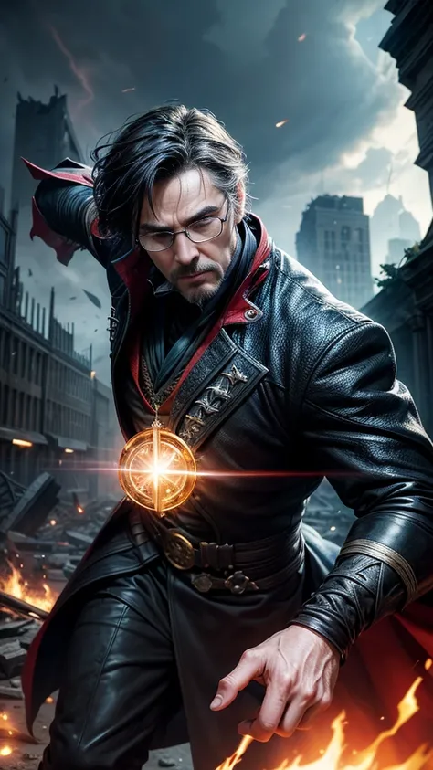 (masterpiece, Best image quality),One Man, A hero wearing a black leather suit, (Dynamic pose | Element Surround:1.2), Low angle view, Very detailed, Ruins of the battle, intense, Outdoor, Doctor Strange, wise, Wizard, Wear glasses, Hands clasped behind ba...