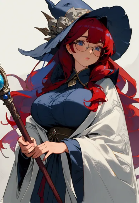 Best quality, masterpiece, big , (large breasts), detailed skin texture, detailed cloth texture, detailed face, super detail, 8k, intricate detail, 1girl, detail eyes, robe, large hat, blue chlotes, red hair, have wand, glasses, bangs,