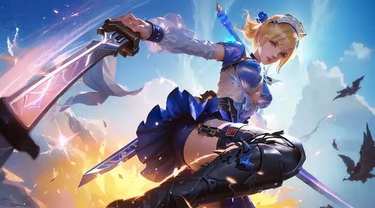 a woman in a Bra and underpants outfit holding a sword and a gun, splash art anime , mobile legends, inspired by Leng Mei, ashe, official splash art, splash art, range murata and artgerm, artoria pendragon, inspired by Li Shida, sakimichan, iconic characte...