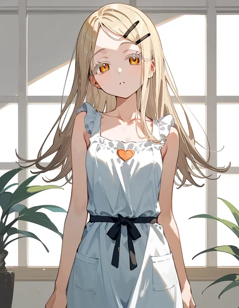 hiro-default,shinosawa hiro,slender,orange eyes,white eyelashes,blonde hair,long hair,hairclip、[[[[[[early pregnancy]]]]]], thin belly, girl, solo, best quality, very aesthetic, nsfw、scrawny, naked apron,