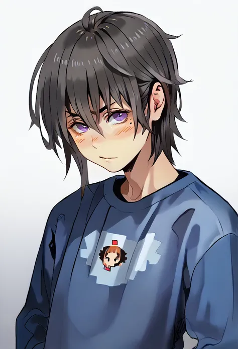 femboy, shy, messy hair, beauty marks, verry tanned, medium length hair, black hair, purple eyes, fantasy clothing, wrenchftmfsh...