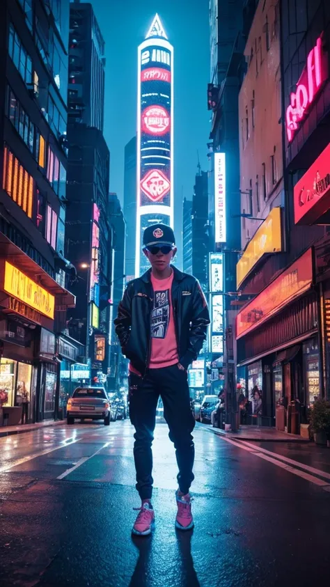 Stunning illustration of the "Attaboy" logo, featuring a boy wearing a stylish ball cap. Stylish gaming headphones with bright blue LED lights, cool shades and reflective lenses. Cityscape lit up with neon lights at dusk With a blurred background of toweri...