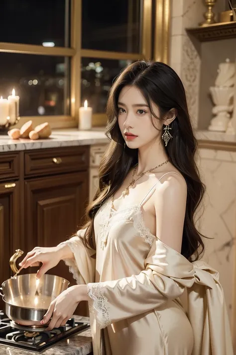 (((best quality))),(((ultra detailed))),(((masterpiece))),illustration,((1 beautiful girl,solo)),(shoulder length straight hair:1.2),((earrings,necklace)),((slim,thin)),((small breasts,flat chest)),(luxurious lace nightgown:1.3),(slender legs:1.2),(standin...