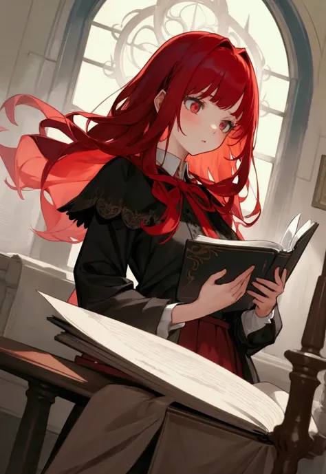 Best quality, masterpiece, teen, girl with red hair, magician, bangs, reading books, beatiful, sharp eyes, had ribbon, thin glasses