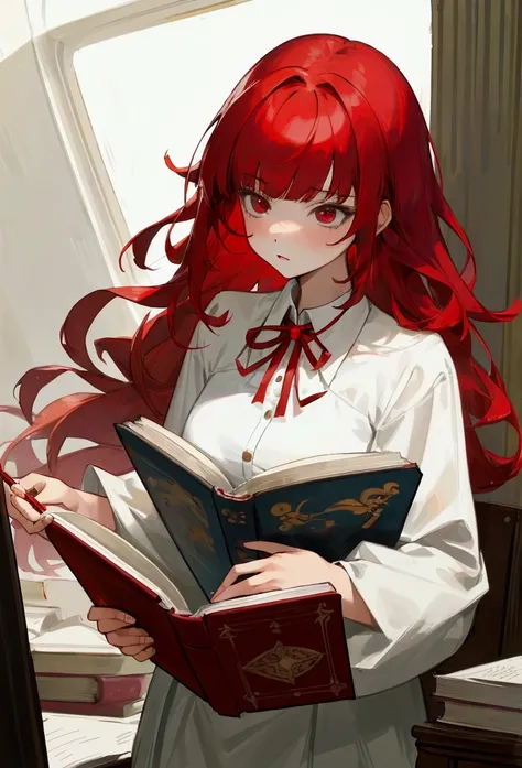 Best quality, masterpiece, teen, girl with red hair, magician, bangs, reading books, beatiful, sharp eyes, had ribbon, thin glasses