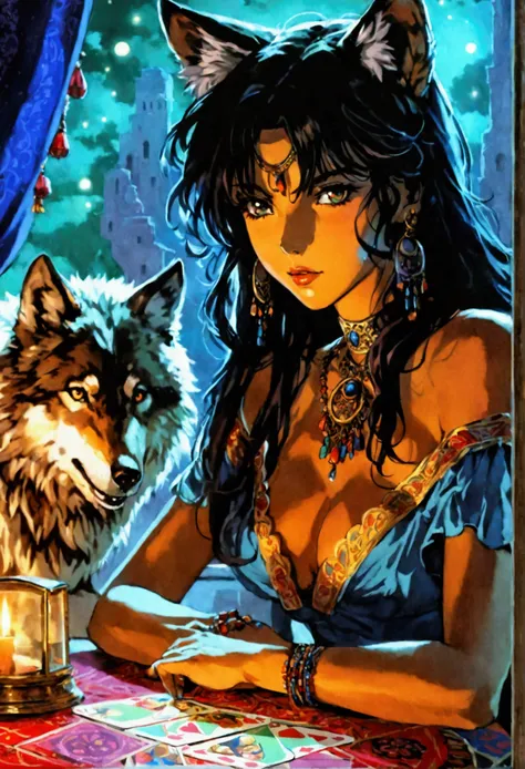 (90s anime style) masterpiece, beautiful gitana woman, fortune teller, sitting on a table with cards on her hands, wolf behind her, night, dark hair, 