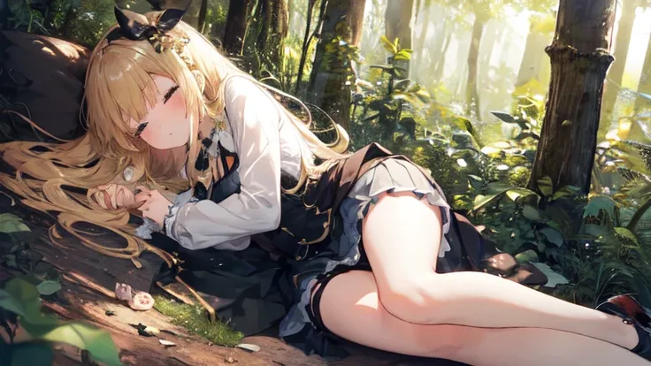 super high quality, Super detailed, Ultra-clear, forest, one person, long blonde hair, sleep, Swimsuit, Clothes with intricate details, mini skirt, Stockings, faint