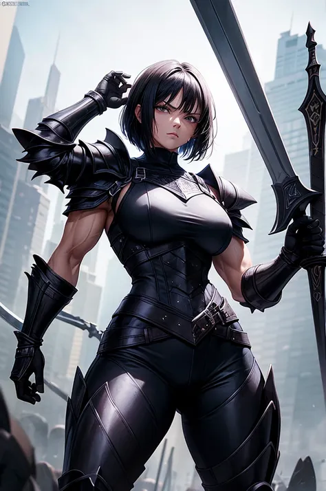 (best quality, masterpiece), woman, black hair, short hair, muscular, aggressive, black armor, metal armor, big sword, fully clothed, pants, shirt