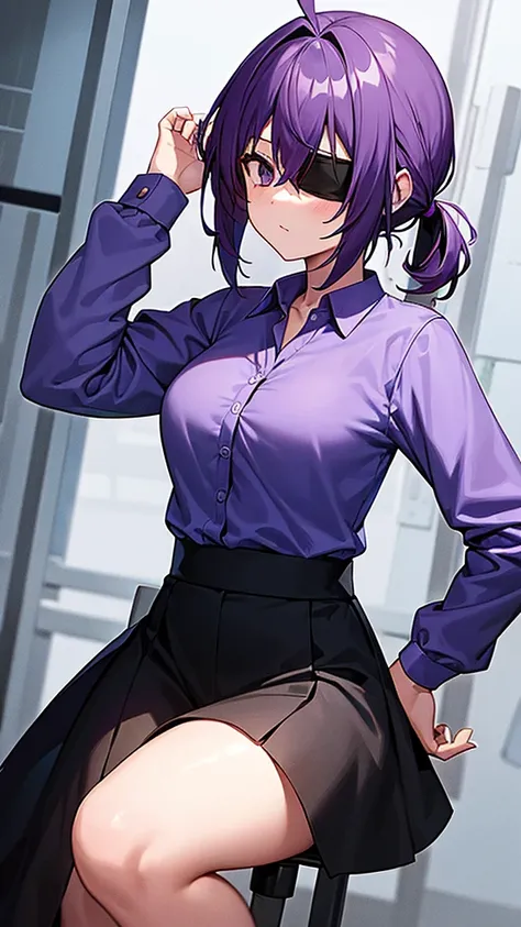 1girl, purple hair, blue formal shirt, blindfold, sniper