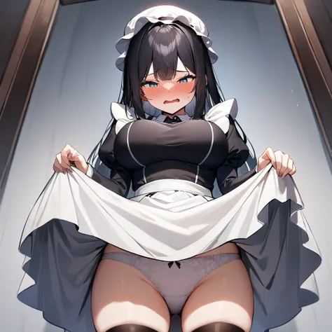 1girl,pov,black hair,light blue eyes,flustered,one-piece blackdress,(pov crotch:1),Embarrassed,big breast,maidapron,(White mob cap),puffy_sleeves,maid_apron, belt,thighhighs,masterpiece, best quality, very aesthetic, absurdres,(dress lift:1.5),(straight-on...