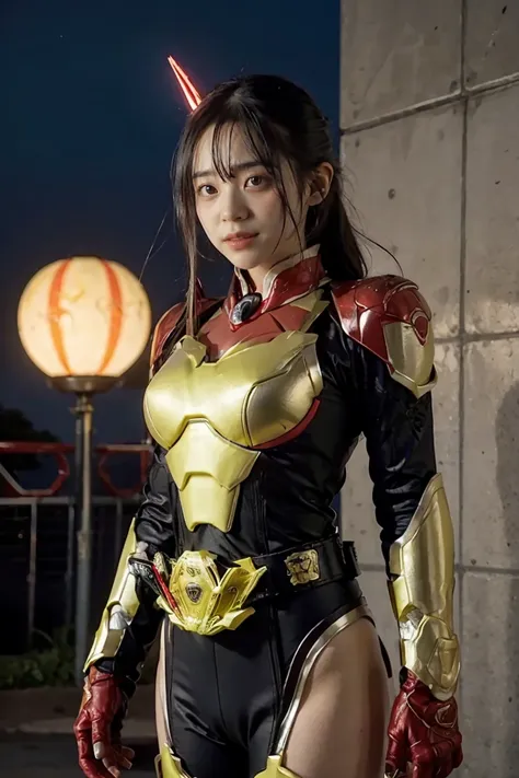 1girl, solo, 8K， Top，hentail realism、Front lighting，Kamen Rider Scarlet_Sun。Metallic body，Crimson shone with a silver glow、Wear a deformed belt、Burn with a righteous heart, She follows the minions of evil々Defeat。The fighting intensified、The last enemy appe...