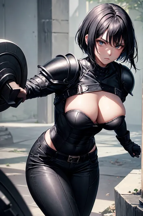 (best quality, masterpiece), woman, black hair, short hair, muscular, aggressive, black armor, metal armor, big sword, fully clothed, pants, shirt