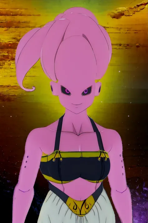 Fmajin,(white skin:1.1),white tentacle hair,smiling,(black sclera:1.2), purple  eyes,tentacle hair,round ears,
baggypants,belt,black tube top,midriff,cleavage,bare shoulders,alien,M,shouler holes,
standing,no nose,
stars,space,milky way,
(insanely detailed...