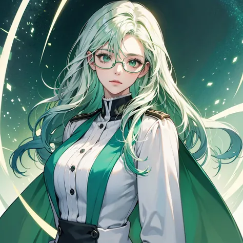 high resolution, best quality, Gradient hair, green hair, white hair, big breasts, Green eyes looked up., Frameless glasses, digital art, long hair, Solo, 1 woman, blue military uniform