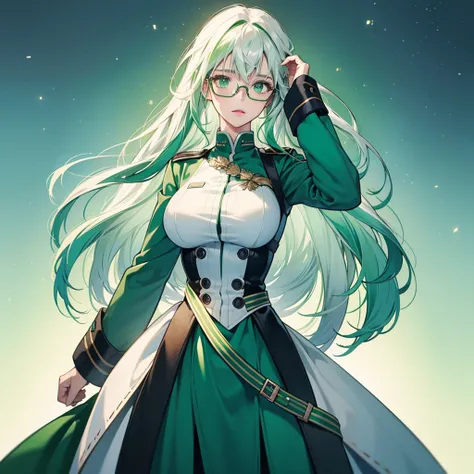 high resolution, best quality, Gradient hair, green hair, white hair, big breasts, Green eyes looked up., Frameless glasses, digital art, long hair, Solo, 1 woman, blue military uniform