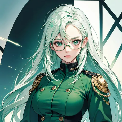 high resolution, best quality, Gradient hair, green hair, white hair, big breasts, Green eyes looked up., Frameless glasses, digital art, long hair, Solo, 1 woman, blue military uniform