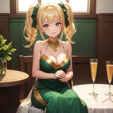 (highest quality:1.4, High resolution:1.4),1girl,15 years_old,cute,twin tails,bangs,blonde hair ornament,natural makeup,Green gown,Clavicle protrusion,cleavage,Evening Party Venue,Chatting,gold necklace,smile,medium breasts,Sitting at a table and having a ...