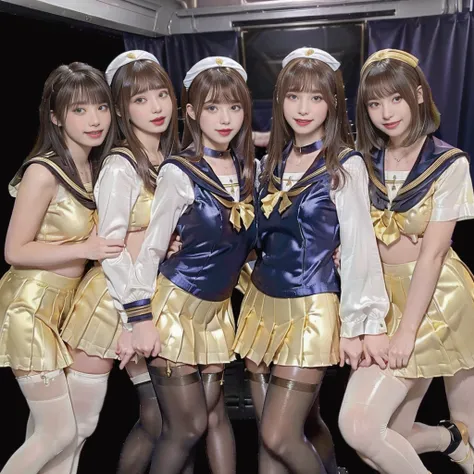 (((Ultra-clear resolution))), (((best quality))), (((super shiny gold silk sailor collar, tight, pleated miniskirt, group photo of only girls crowded train with female only, impossible breasts, angle from below, see-through pantyhose, grin))), looking at v...