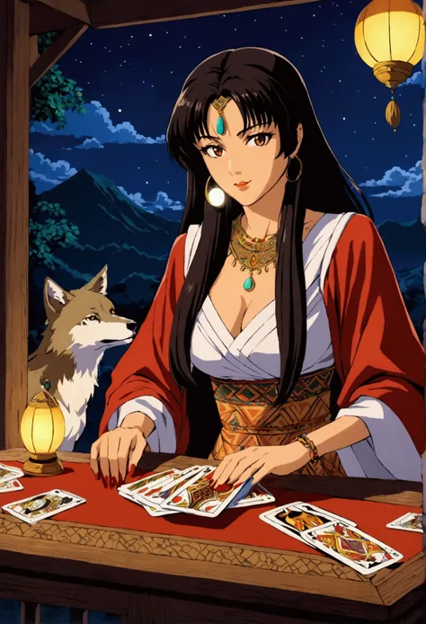 (90s anime style) masterpiece, beautiful gitana woman, fortune teller, sitting on a table with cards on her hands, wolf behind her, night, dark hair,